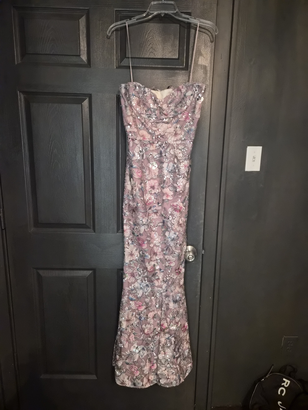Floral Sequin Strapless Evening Gown - Pink